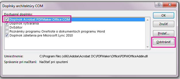 Začiarknite políčko doplnku Acrobat PDFMaker Office COM Addin a kliknite na položku Odstrániť.
