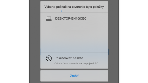Snímka obrazovky znázorňujúca položku Vyberte PC v Microsoft Edgei v systéme iOS, aby používateľ mohol otvoriť webovú stránku v počítači.