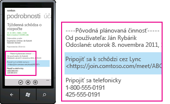 Snímka obrazovky zobrazujúca telefónne číslo prichádzajúceho hovoru a tlačidlo prijatia hovoru pre mobilných klientov Lyncu