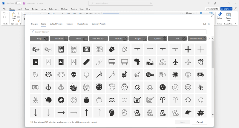 Hlasové vyhľadávanie vo Worde zobrazujúce galériu ikon.