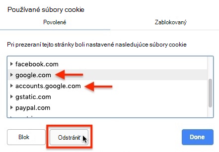 Obrázok nastavení webovej lokality s otvorenou ponukou Cookies