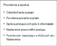 Prepojenia Povolenia pre zoznam a Nastavenie správy