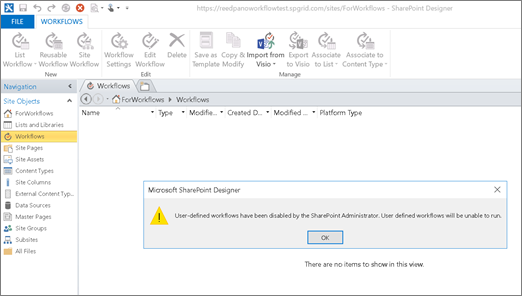Snímka obrazovky s chybou pracovného postupu SharePointu 2010 v programe SharePoint Designer pri vypnutom pracovnom postupe SharePointu 2010