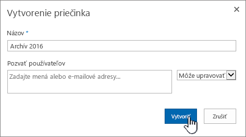 Dialógové okno zdieľania s položkou Nový priečinok v SharePointe 2016