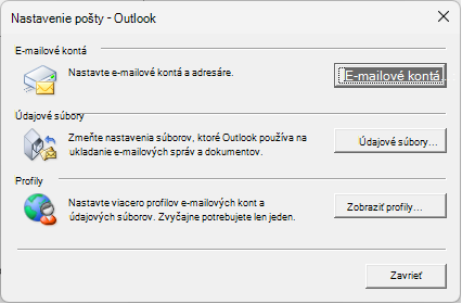 Nastavenie pošty – dialógové okno Outlooku, ku ktorému sa pristupuje prostredníctvom nastavení pošty v ovládací panel.