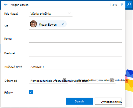 Filtre vyhľadávania v Outlooku na webe