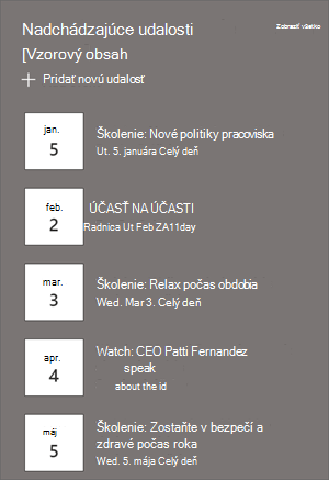 Webová časť Udalosti so zoznamami udalostí a dátumami.