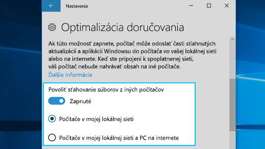 Nastavenia Optimalizácie doručovania vo Windowse 10