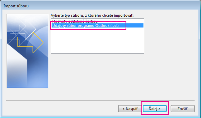 Vyberte import údajového súboru programu Outlook (.pst).