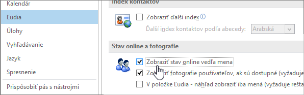 Karta Ľudia v dialógovom okne Možnosti so zvýraznenou položkou Zobraziť stav online