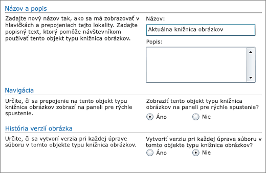 Dialógové okno na pridanie názvu, diagramu, navigácie panela Rýchle spustenie a položky Riadenie verzií.