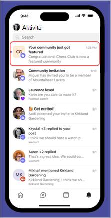 Snímka obrazovky so správou v aplikácii v mobilnom zariadení, ktorá informuje vlastníka komunity prostredníctvom informačného kanála aktivity v bezplatnej aplikácii Microsoft Teams o tom, že jeho komunita je teraz odporúčanou komunitou.