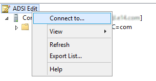 Snímka obrazovky zobrazujúá kroky na výber položky ADSI Edit a Pripojenie pre.