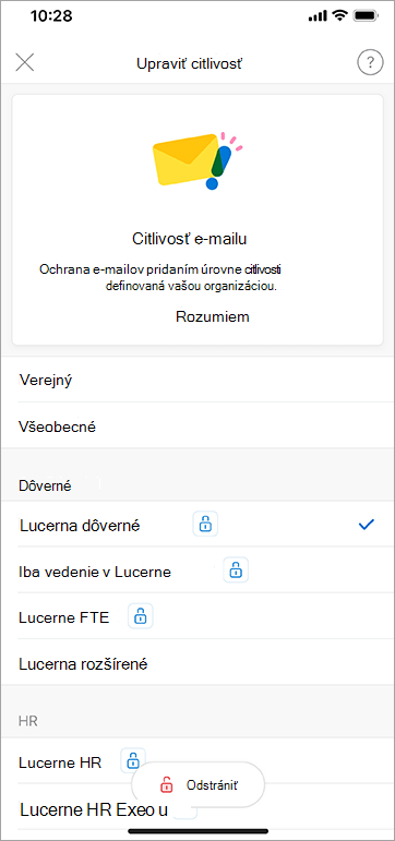Snímka obrazovky označení citlivosti v Outlooku pre iOS