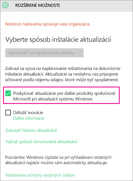 Rozšírené možnosti služby Windows Update