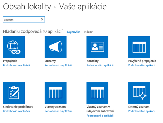 Zoznam aplikácií na stránke Obsah lokality