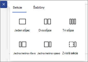 Snímka obrazovky s dostupnými typmi sekcií.