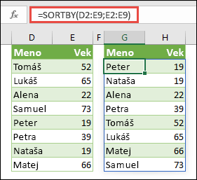 Zoradenie rozsahu pomocou funkcie SORTBY. V tomto prípade sme použili vzorec =SORTBY(D2:E9;E2:E9) na vzostupné zoradenie zoznamu mien ľudí podľa veku.
