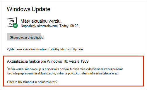 Windows Update zobrazuje umiestnenie aktualizácie funkcií