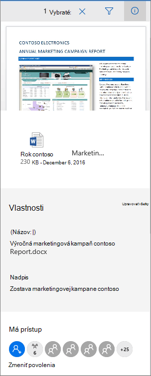 Panel s metaúdajmi dokumentu v službách Office 365