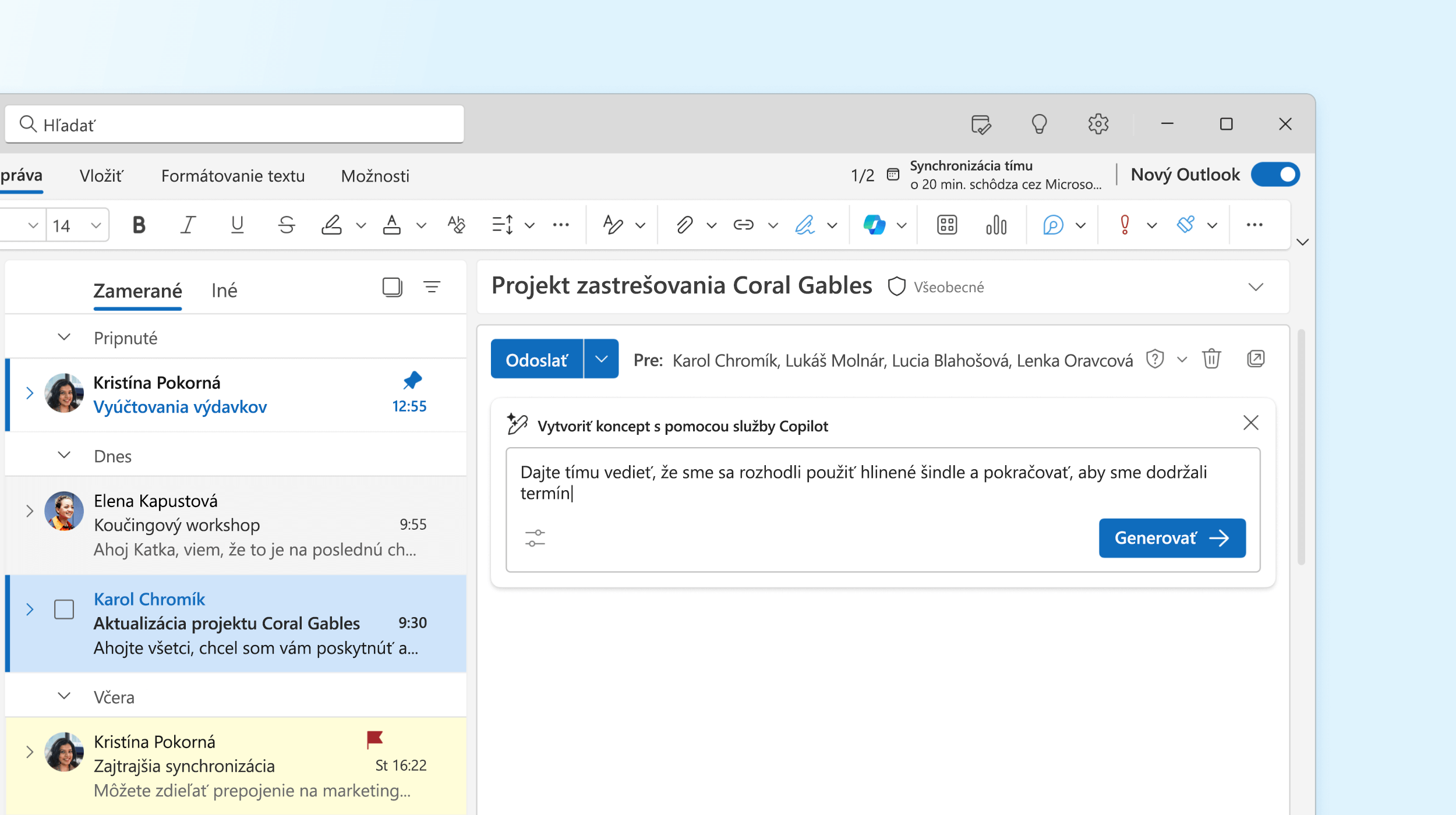 Snímka obrazovky znázorňujúca funkciu Copilot v Outlooku, ktorá vytvára koncept e-mailovej správy.