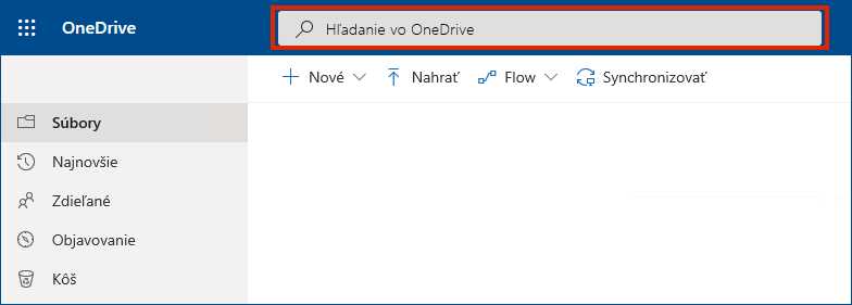 OneDrive for Business online s vyhľadávacím panelom v hornej časti