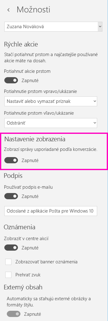 Vypnutie zobrazenia Konverzácie v aplikácii Pošta pre Windows 10