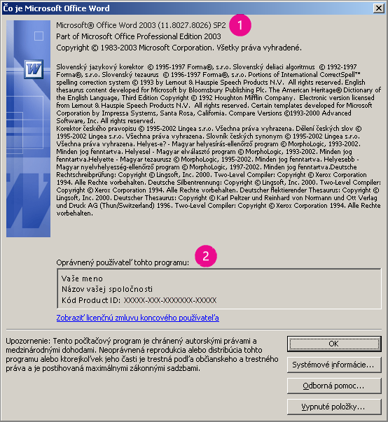 Okno O programe Microsoft Office Word 2003