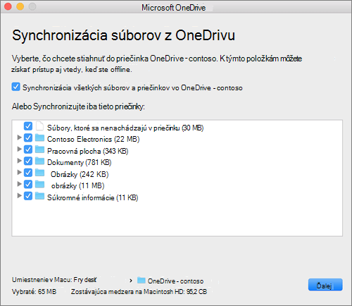 Snímka obrazovky s ponukou nastavenia OneDrivu na výber priečinkov alebo súborov, ktoré sa majú synchronizovať.