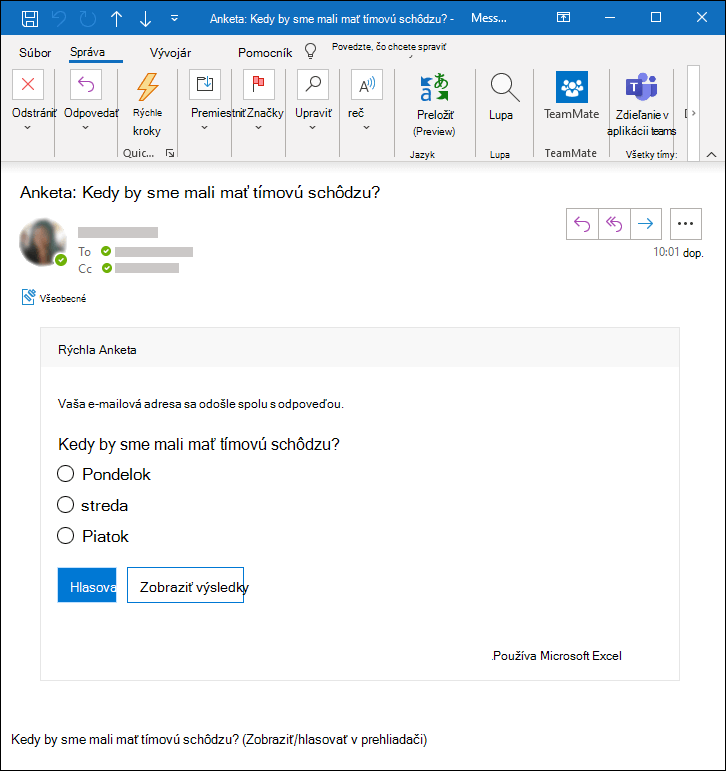 Microsoft Forms ankete v e-mailovej správe Outlooku