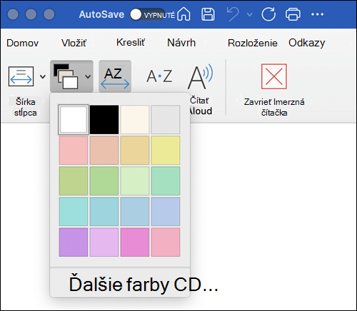 Zobrazené možnosti farby strany pre imerznú čítačku vo Worde pre Mac