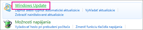 Prepojenie na službu Windows Update v ovládacom paneli