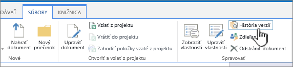 Karta Súbor so zvýraznenou položkou História verzií.