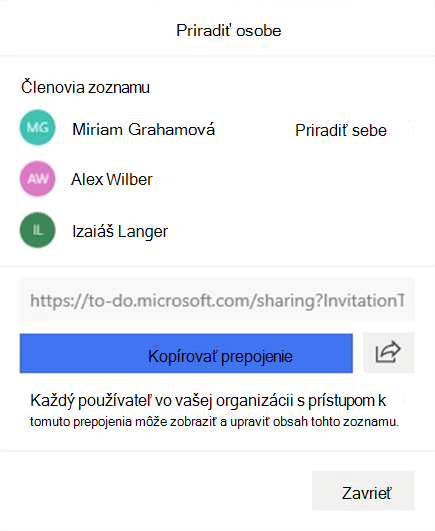 Snímka obrazovky s ponukou priradiť Komu a možnosťou priradenia úlohy na zoznam členov Miriam Graham, Alex Wilber alebo Izaiáš Langer.