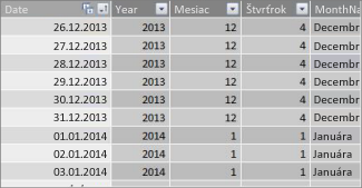 Tabuľka dátumov s dátumami nasledujúcimi za sebou
