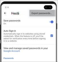 Umiestnenie hesiel na export hesiel v Prehliadači Android Chrome
