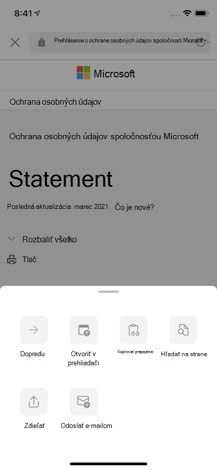 Snímka obrazovky zobrazujúca webové zobrazenie v Outlooku s rozbaleou ponuke pretečenia