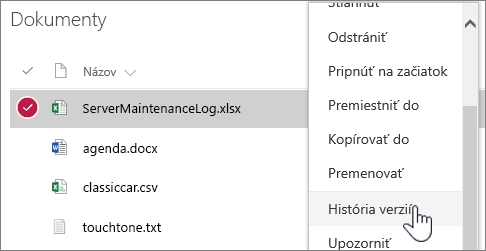 Ponuka pravého tlačidla myši knižnice dokumentov so zvýraznenou položkou História verzií