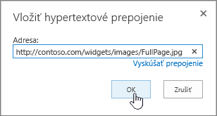 Dialógové okno hypertextového prepojenia s webovou adresou a zvýrazneným tlačidlom OK