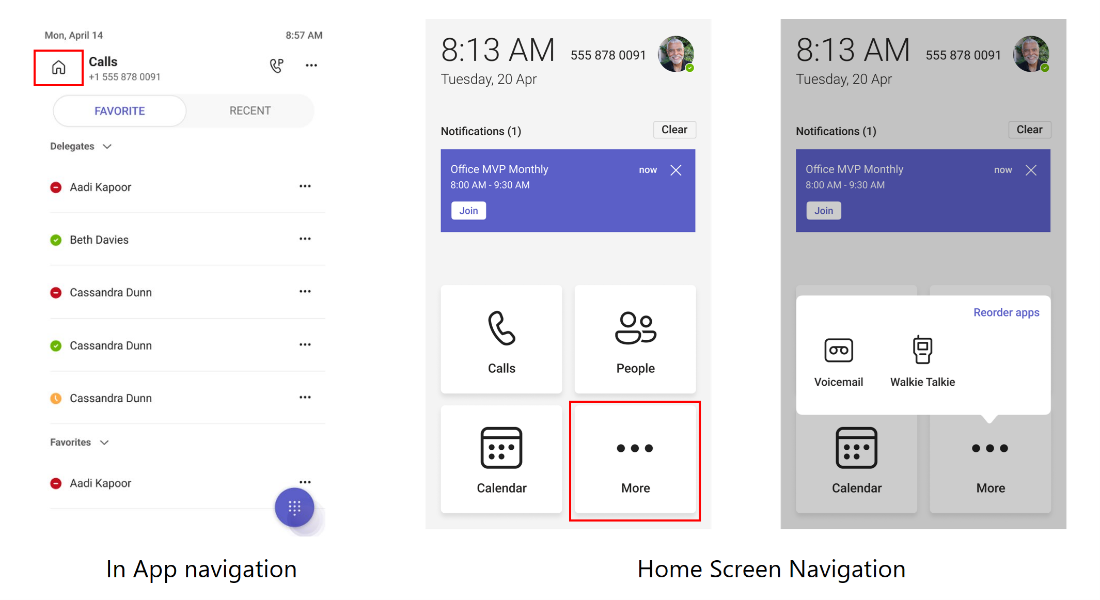 Snímka obrazovky domovskej obrazovky stolového telefónu. K dispozícii sú štyri veľké štvorcové tlačidlá na uskutočňovanie hovorov, kontaktov, kalendára a ďalších ponúk