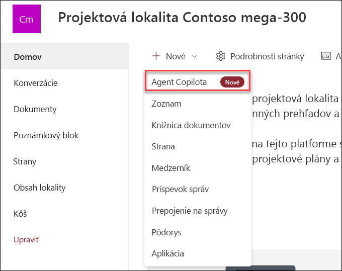 Snímka obrazovky vytvorenia nového agenta Copilota z domovskej stránky lokality