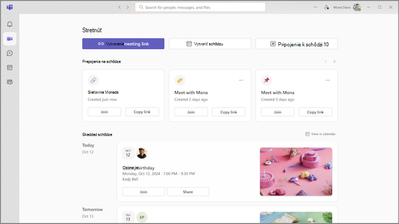 Snímka obrazovky s kartou Stretnúť sa v aplikácii Teams zobrazujúca nový spôsob spravovania schôdzí.