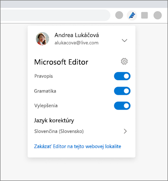 Rozšírenie Microsoft Editor zobrazujúce rozbaľovaciu položku z prehliadača s nastaveniami na zapnutie a vypnutie možností