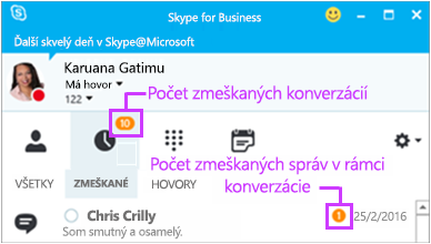 Prístup k zmeškaným správam zo stránky okamžitých správ Skypu for Business