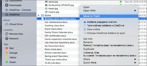 Výber ponuky po kliknutí pravým tlačidlom myši na odstránenie súboru z OneDrivu vo Finderi pre Mac