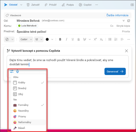 Možnosti výberu dĺžky a tónu pri písaní e-mailov v Outlooku pomocou funkcie Copilot