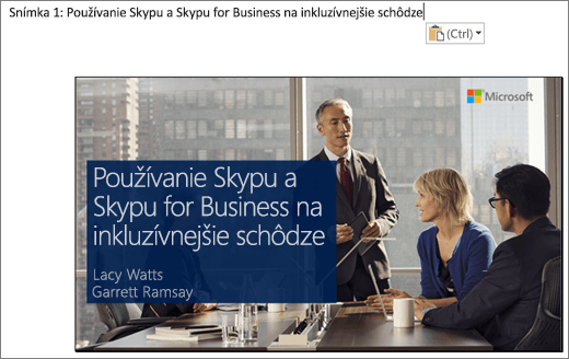 Screen clip of the new Word document showing slide 1 with slide title, The slide shown in the image contains the slide title, the presenters'names, and a background image of business people around a conference table.