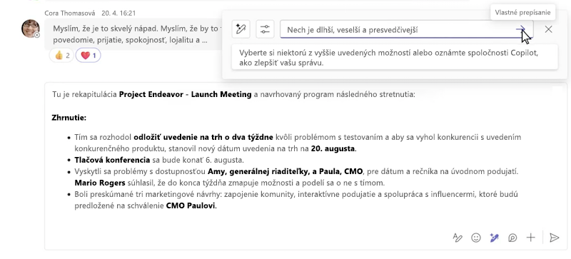 Vlastné prepísanie správy pomocou Copilota v chate cez Microsoft Teams.