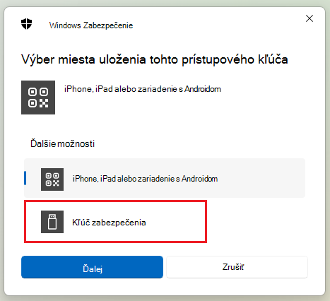 Snímka obrazovky s postupom uloženia kľúča zabezpečenia v Windows 11.