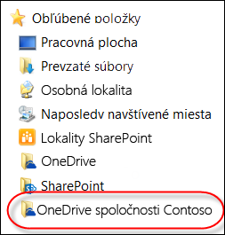 Synchronizovaný priečinok OneDrive for Business v obľúbených položkách Prieskumníka